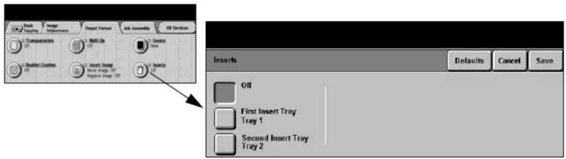 Basic Copying Image Adjustment Output Format Job Assembly All Services Translencies Off Multi-Use Off Greets None Blanket Counts Off Insert Image None Image Off Negative Image Off Inserts Off Inserts Inserts Defaults Cancel Save First Insert Tray Tray 1 Second Insert Tray Tray 2