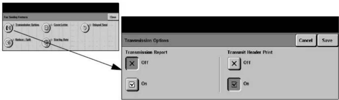 Fan Sending Features Close Transmission Options Cover Letter Delayed Seal Reduce / Split Starting Rate Transmission Options Cancel Save Transmission Report Off On Transmit Header Print Off On