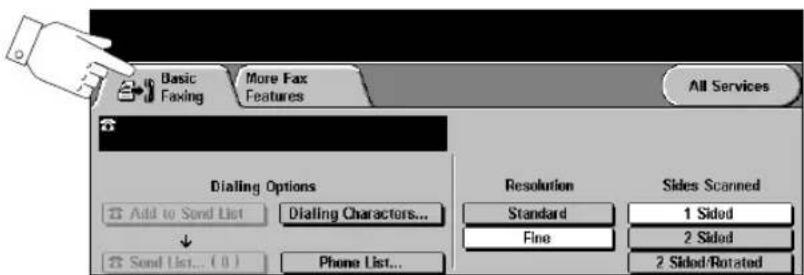 Basic Faxing More Fax Features All Services Dialing Options Add to Send List Dialing Characters... Send List... ( 0 ) Phone List... Resolution Standard Fine Sides Scanned 1 Sided 2 Sided 2 Sided/Rotated