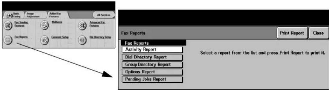 Basic Fasting Image Adjustment Added Fax Features All Services Fax Smiling Features Mailroads Advanced Fax Features Fax Reports Comment Setup Bid Directory Setup Fax Reports Print Report Close Fax Reports Activity Report Dial Directory Report Group Directory Report Options Report Pending Jobs Report Select a report from the list and press Print Report to print it.