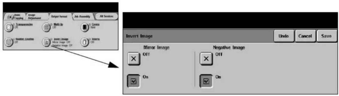 Basic Copying Image Adjustment Output Insert Job Assembly All Services Transoceanics Off Multi-Go Off Center Note D Booklet Creations Off Insert Image Mirror Image Off Negative Image Off D Insert Off Invert Image Undo Cancel Save Mirror Image Off Negative Image Off On On