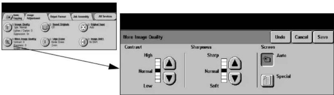 Image Copying Image Adjustment Output Format Job Assembly All Services Image Quality Type: Normal Lighter / Diver 0 Suppression On Image Originals Off Original Image Auto Image Quality Contrast: 0 Support: 0 Large Exuse Order Ense Zoom Image Short No Shift More Image Quality Contrast Sharpness Screen High Sharp Normal Normal Auto Low Soft Special