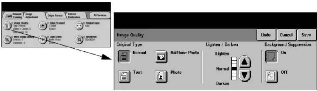 Network Scanning / Image Adjustment Output Format Network Destination All Services Image Quality Type: Normal Lighten / Darken Lighted Screen Format Original Type Auto Wind: Image Quality Contract: 0 Shipment: 0 Light Crude Order Drawn 30x100x1 Introduction 30x100x1 Image Quality Undo Cancel Save Original Type Normal Holtone Photo Lighten / Darken Background Suppression Lighten Normal Text Photo Darken On Off