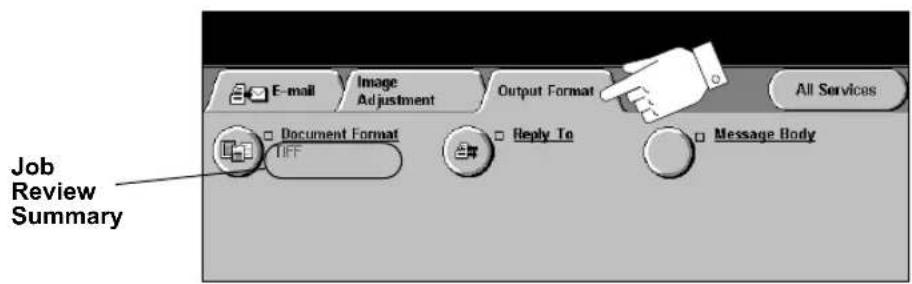 Job Review Summary E-mail Image Adjustment Output Format All Services Document Format IFF Reply To Message Body