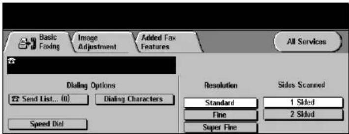 Basic Faxing Image Adjustment Added Fax Features All Services Dialing Options Send List... (0) Dialing Characters Speed Dial Resolution Standard 1 Sided Fine 2 Sided Super Fine Sides Scanned