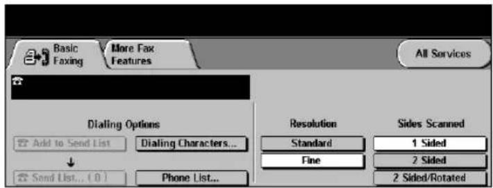 Basic Faxing More Fax Features All Services Dialling Options Add to Send List Dialing Characters... Send List... ( 0 ) Phone List... Resolution Standard Fine Sides Scanned 1 Sided 2 Sided 2 Sided/Rotated