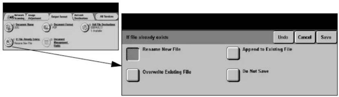 Network Scanning / Image Adjustment Output Format Network Destinations All Services Document Name DOC File Document Format PDF Add File Destinations DEFAULT 1 Available C:\C files Already Delete\nResource New File Document Deployment, Delete If file already exists Undo Cancel Save Rename New File Append to Existing File Overwrite Existing File Do Not Save