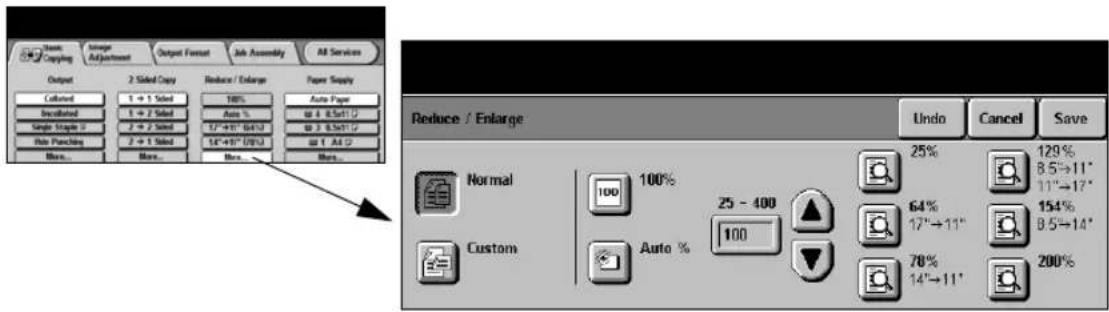 Output 2 Sided Copy Reduce / Enlarge Paper Supply Collected 1 + 1 Sided 100% Auto %: @ 4 @5/17 @ 3 @5/17 Single Stages (2) 2 + 2 Sided 37°+97°-64°/2 35°+97°-100°/2 @ 1 @4 (2) More... More... More... Reduce / Enlarge Undo Cancel Save Normal 100% 25 - 400 100% Custom Auto % 64% 154% 17°→11° 8.5→11" 14°→11" 8.5→14" 200%