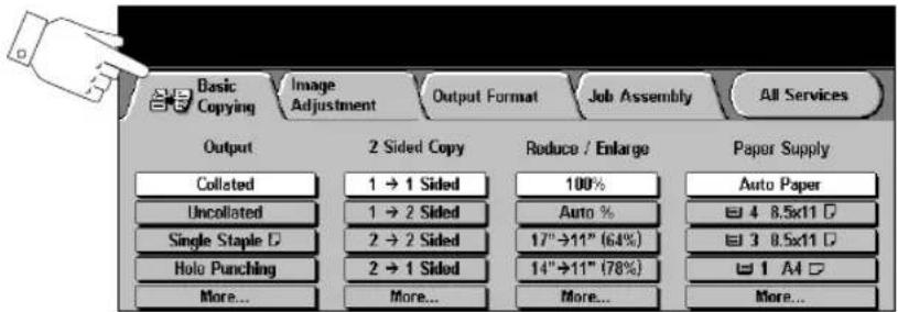Basic Copying Image Adjustment Output Format Job Assembly All Services Output 2 Sided Copy Reduce / Enlarge Paper Supply Collected 1 → 1 Sided 100% Auto Paper Uncollated 1 → 2 Sided Auto % Single Staple D 2 → 2 Sided 17"→11" (64%) 3 8.5x11 D Holo Punching 2 → 1 Sided 14"→11" (78%) More... More... More... More...