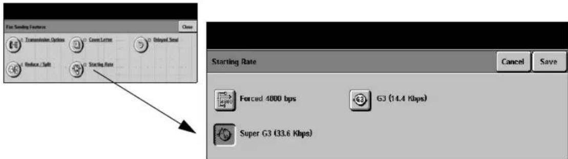 Fire Sending Features Close Transmission Options Cover Letter Obtained Serial Reduce / Split Starting Rate Starting Rate Cancel Save Forced 4000 bps G3 (14.4 Kbps) Super G3 (33.6 Kbps)