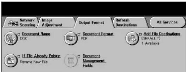 Network Scanning Image Adjustment Output Format Refresh Destinations All Services Document Name DOC Document Format PDF Add File Destinations (DEFAULT) 1 Available If File Already Exists: Rename New File Document Management Fields