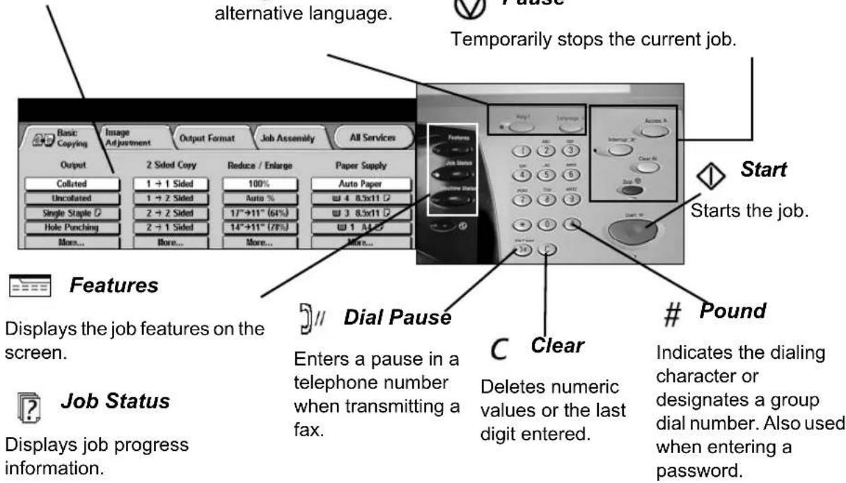 alternative language. Temporarily stops the current job. Basic Copying Image Adjustment Output Format Job Assembly All Services Output 2 Sided Copy Reduce / Enlarge Paper Supply Colleted 1 + 1 Sided 100% Auto % 4 8.5x11 Single Staple 2 + 2 Sided 17"+11" (64%) 3 8.5x11 Hole Punching 2 + 1 Sided 14"+11" (78%) More... More... More... Start Starts the job. Features Displays the job features on the screen. Job Status Displays job progress information. // Dial Pause Enter a pause in a telephone number when transmitting a fax. C Clear Deletes numeric values or the last digit entered. Pound Indicates the dialing character or designates a group dial number. Also used when entering a password.
