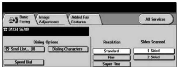 Basic Facing Image Adjustment Added Fax Features All Services 01234 56789 Dialing Options Send List... (0) Dialing Characters Speed Dial Resolution Standard Fine Super Fine Sides Scanned 1 Sided 2 Sided