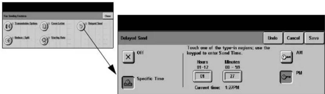 Fast Sending Features Transmission Options Clear Letter Absent Sand Reduce :Salt Starting Rate Delayed Sand Undo Cancel Save Off Touch one of the type-in regions; use the keypad to enter Sand Time. Hours Minutes AM 01-12 00 - 59 01 27 PM Specific Time Current time: 1:27PM