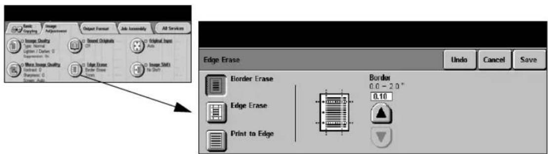 Basic Coping Image Adjustment Output Format Job Assembly All Services Image Quality Type: Normal Option / Decor Representation: 0 None Image Quality Construct: 0 Sharpen: 0 Show Auto Round Originals CH Original Input Acts Edge Erase Enter Erase To Shift Image Shifts To Shift Edge Erase Border Erase Border 0.0 - 2.0 " Edge Erase 0.10 Print to Edge Undo Cancel Save