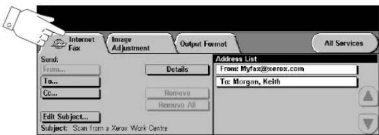 Internet Fax Image Adjustment Output Format All Services Send: From... To... Cc... Details Remove Remove All Address List From: Myfax@xerox.com To: Morgan, Keith Edit Subject... Subject: Scan from a Xerox Work Centre
