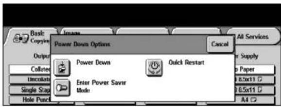 Basic Copyright Output Collates Uncollate Single Stages Hole Pounds Images Power Down Options Cancel Power Down Quick Restart Enter Power Saver Mode All Services Power Supply Paper 8.5x11 8.5x11 A4