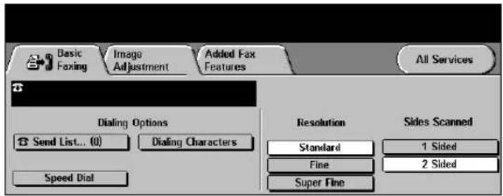 Basic Faxing Image Adjustment Added Fax Features All Services Dialing Options Send List... (0) Dialing Characters Speed Dial Resolution Standard Fine Super Fine Sides Scanned 1 Sided 2 Sided
