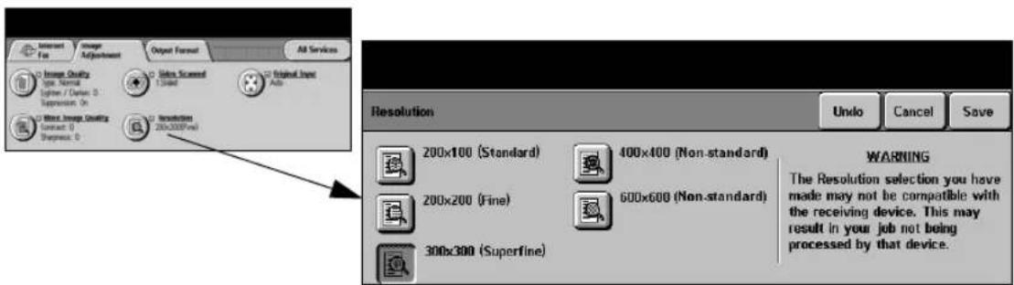 Internet For Image Adjustment Output Format All Services Image Quality Type: Normal Lighter / Devel 0 Suppression On Image Quality Contract 0 Shipment 0 Video Screened 13mm Original Image Auto Image Quality Contract 0 Shipment 0 200x300 (Fine) Resolution Unlo Cancel Save Resolution 200x100 (Standard) 400x400 (Non-standard) WARNING The Resolution selection you have made may not be compatible with the receiving device. This may result in your job not being processed by that device.