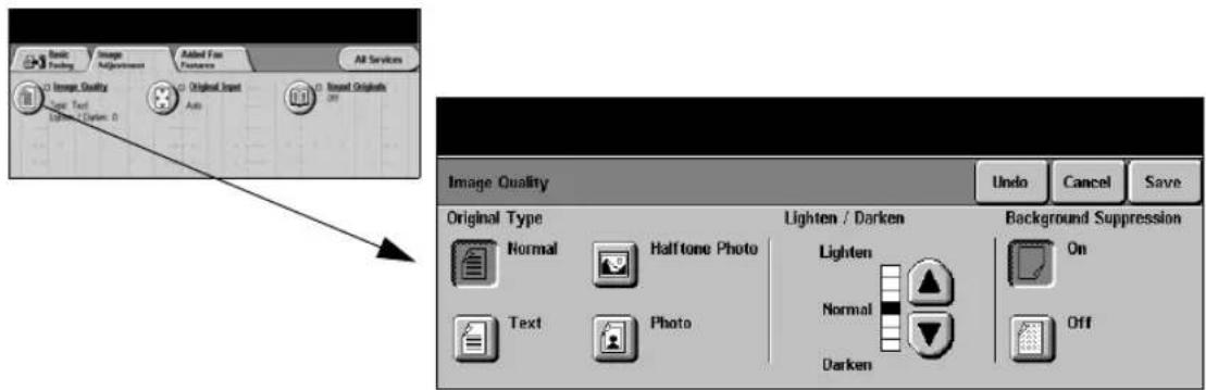 Basic Fasting Image Adjustments Added Fox Features All Services Image Quality Image Tool Image Color: 0 Original Input Auto Image Originals Lighten / Darken Background Suppression Undo Cancel Save Original Type Normal Halftone Photo Lighten Normal Text Photo Darken On Off