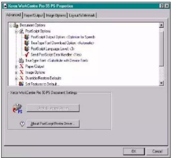 Xerox WorkCentre Pro 55 PS Properties Advanced Paper/Output Image Options Layout/V/slemark Document Options PostScript Options PostScript Output Options