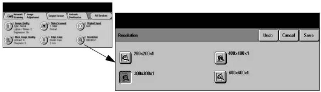Network Scanning Image Adjustment Output format Network Destination All Services Image Quality Type: Normal Lyftex / Delax 0 Suppression On Share Image Quality Contrast: 0 Sharpness 0 Side Scanned 1 Side Portrait 2 Edge Span Slater Draw 3 mm Original Input Auto Resolution 300x00x1 Resolution Undo Cancel Save 200x200x1 400x400x1 300x300x1 600x600x1