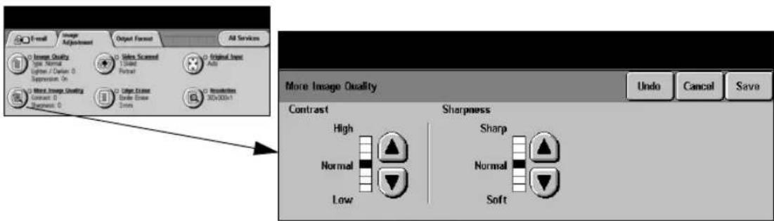 E-mail Image Adjustment Output Format All Services Image Quality Type: Normal Lighter / Delta 0 Suppression On Image Quality Contract 0 Support 0 Select Scramed 1 Select Format Original Input Auto Object Outer Order Inner Zoom Resolution 30x100x1 More Image Quality Contrast Sharpness High Sharp Normal Normal Low Soft