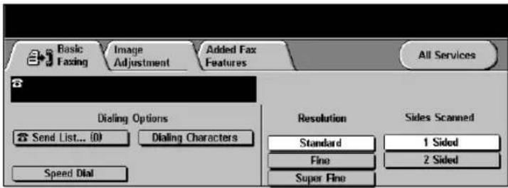 Basic Faxing Image Adjustment Added Fax Features All Services Dialing Options Send List... (0) Dialing Characters Speed Dial Resolution Standard Fine Super Fine Sides Scanned 1 Sided 2 Sided