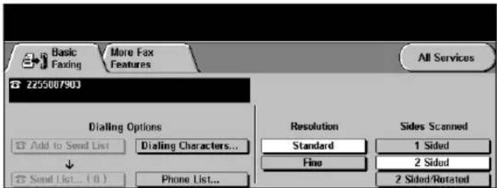Basic Faxing More Fax Features All Services 2255007903 Dialing Options Add to Send List Dialing Characters... Send List... ( 0 ) Phone List... Resolution Standard Fine Sides Scanned 1 Sided 2 Sided 2 Sided/Rotated