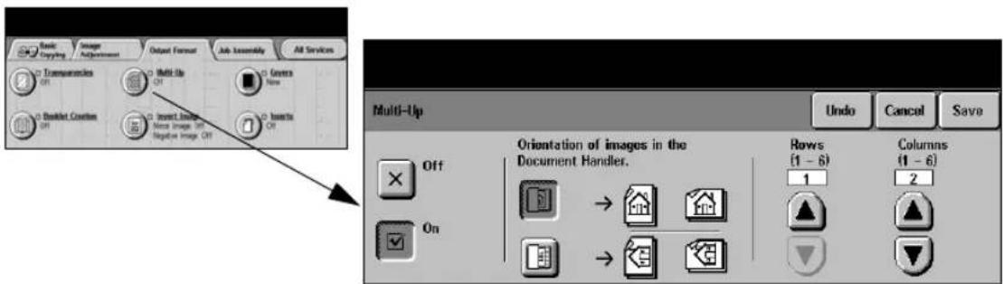 Basic Copying Image Adjustment Output Format Job Assembly All Services Transparencies Off Multi-Up Off Graera New Ballet Creation Off Insert Image Off Negative Image Off Inserts Off Multi-Up Undo Cancel Save Orientation of images in the Document Handler. Rows (1 - 6) 1 Columns (1 - 6) 2 On → →