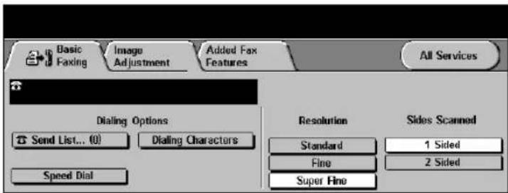 Basic Faxing Image Adjustment Added Fax Features All Services Dialing Options Send List... (0) Dialing Characters Speed Dial Resolution Standard Fine Super Fine Sides Scanned 1 Sided 2 Sided