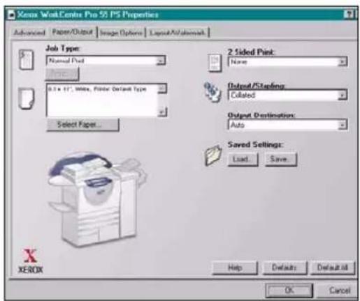 Xerox WorkCentro Pro 50 PS Properties Advanced Paper/Output Image Options Layout/Auto/mask Job Type: Normal Print None 0.5 x 17", Write, Printer Default Type Select Paper... 2 Sided Print: None Output/Listings: Colated Output Destination: Auto Saved Settings: Load Save Help Defaults Default All OK Cancel X XEROX