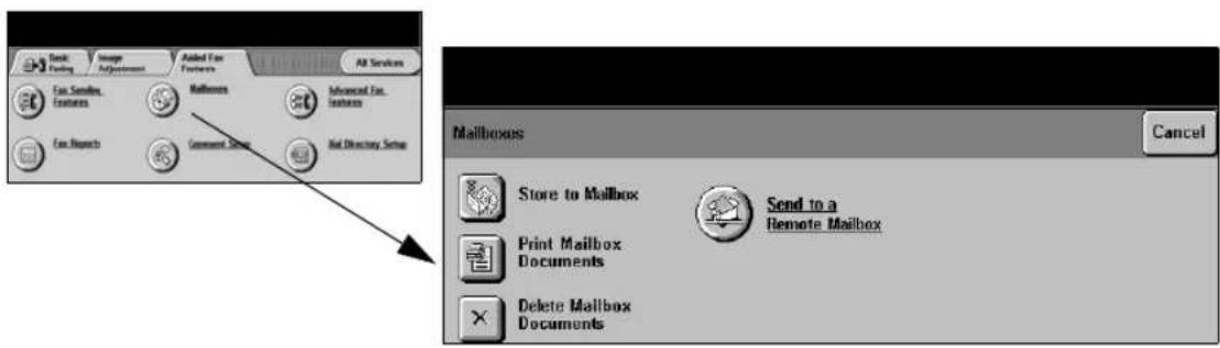 Back Facing Image Adjustments Added Fan Features All Services Fan Similar Features Mailboxes Advanced Fan Features Fan Reports Command Set Not Directory Set Mailboxes Store to Mailbox Send to a Remote Mailbox Print Mailbox Documents Delete Mailbox Documents Cancel