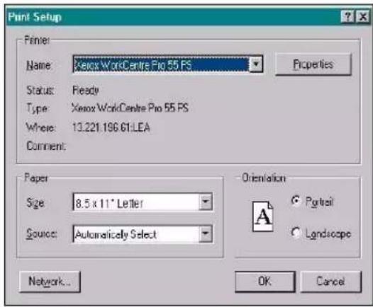 Print Setup Printer Name: Xerox WorkCentre Pro 55 PS Status: Ready Type: Xerox WorkCentre Pro 55 PS Where: 13.221.196.61 LEA Comment: Paper Size: 8.5 x 11" Letter Source: Automatically Select Orientation Portrait Landscape Network... OK Cancel
