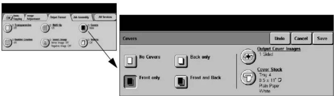 Basic Copying Image Adjustment Output Format Job Assembly All Services Transparence Off Mell-Go Off Cover None Disinfect Cramble Off Insert Image None Image Off Regulate Image Off Covers Undo Cancel Save Output Cover Images 1 Sided No Covers Back only Front only Front and Back Cover Stock Tray 4 0.5 x 11° Plain Paper White