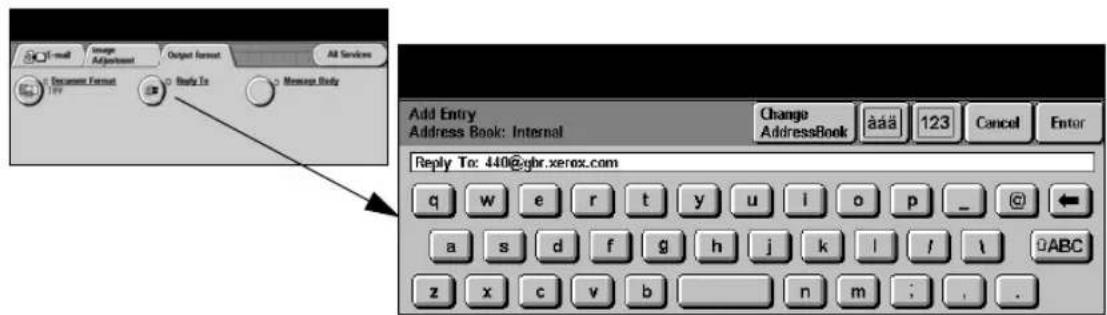 E-mail Image Adjustment Output format All Services Document Format Body To Message Body Add Entry Address Book: Internal Change AddressBook 123 Cancel Enter Reply To: 440@gbr.xerox.com q w e r t y u i o p _ a s d f g h j k l / t ABC z x c v b n m ; . .