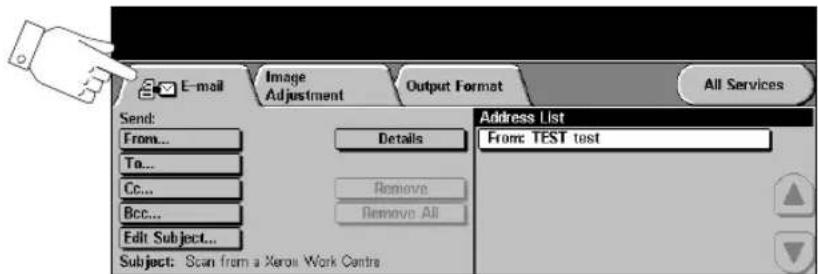E-mail Image Adjustment Output Format All Services Send: From... To... Cc... Bcc... Edit Subject... Address List From: TEST test Details Remove Remove All Subject: Scan from a Xeroi Work Centre