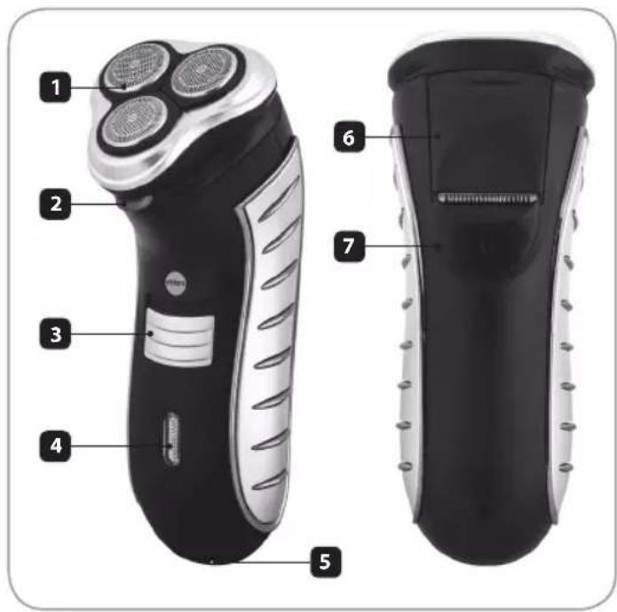 Diagram of a disassembled electric shaver with numbered parts labeled 1 through 7