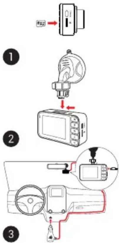 Diagram showing three-step car door control system: sensor input, device insertion, and camera setup with red annotation arrows.