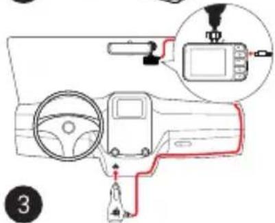 Diagram of a car dashboard with labeled parts and a close-up inset showing a camera setup.