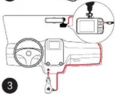 Diagram showing car dashboard and camera setup with labeled parts and a magnified inset of the camera module