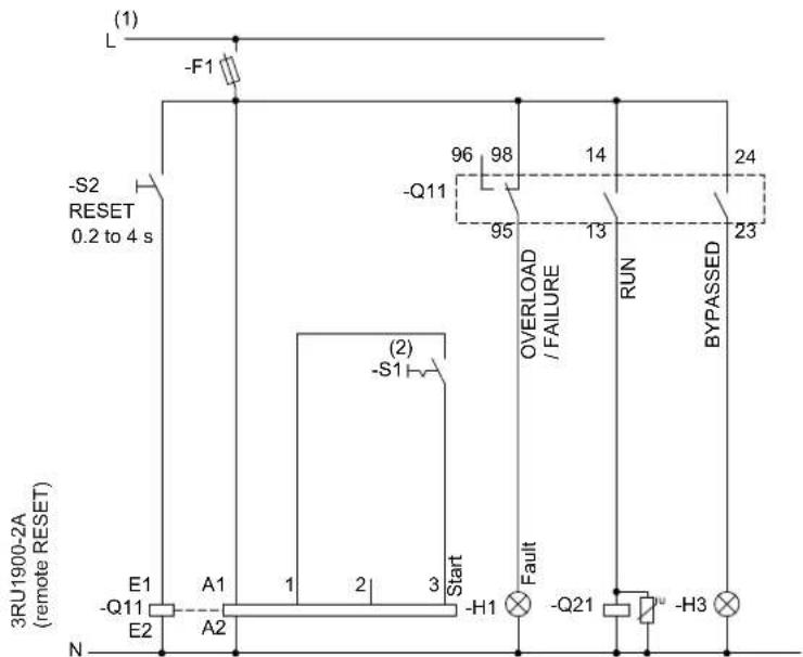 (1) L -F1 -S2 RESET 0.2 to 4 s -Q11 96 98 14 24 95 13 23 OVERLOAD / FAILURE RUN BYPASSSED (2) -S1 Start -E1 A1 1 2 3 Start -E1 E2 A2 -H1 Fault -Q21 -H3 3RU1900-2A (remote RESET) N