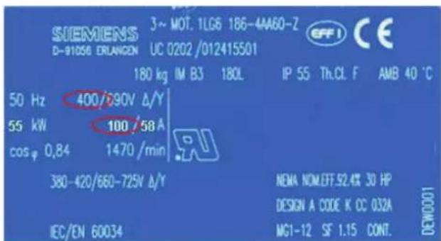 SIEMIENS D-91056 ERLANDEN 3~ MOT. 1LG6 186-44A60-Z UC 0202/012415501 180 kg IM B3 180L IP 55 Th.CL F AMB 40 °C 50 Hz 400/690V Δ/Y 55 kW 100/58A cos φ 0,84 1470/min 380-420/660-725V Δ/Y IEC/EN 60034 NEMA NOM.EFF.52.4% 30 HP DESIGN A CODE K CC 032A MG1-12 SF 1.15 CONT. DEW0001