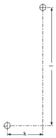 Diagram showing a right angle with labeled dimensions k and r, and two circular symbols at the top.