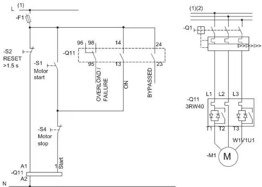 L (1) -F1 -S2 RESET >1.5 s -S1 Motor start -S4 Motor stop A1 -Q11 A2 N Start -96 98 14 24 -95 95 13 ON 23 OVERLOAD / FAILURE ON BYPASSED (1)(2) -Q1 -L1 L2 L3 -T1 T2 T3 -W1/V1U1 -M1 M