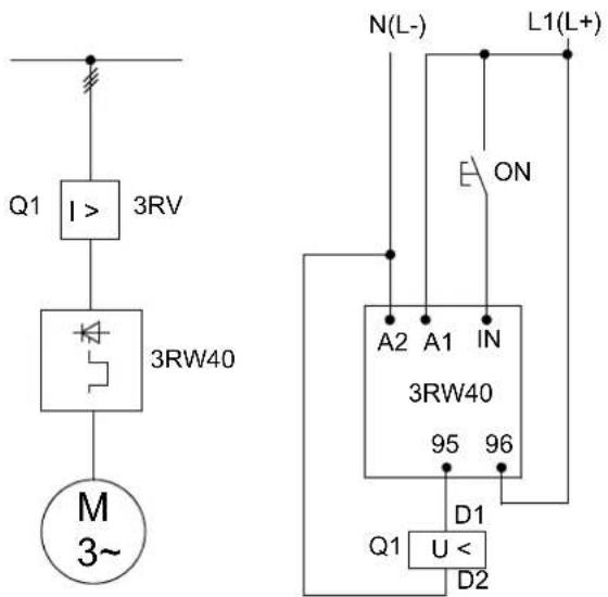 Q1 I > 3RV 3RW40 M 3~ N(L-) L1(L+) A2 A1 IN 3RW40 95 96 D1 Q1 U < D2