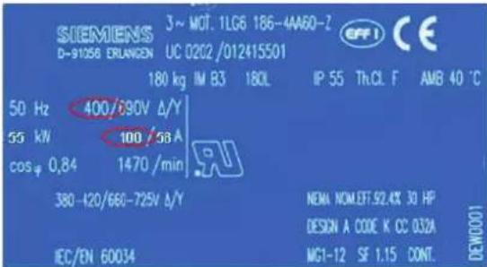 SIEMIENS D-91058 ERLANGEN 3~ MOT. 1LG6 186-4A60-2 UC 0202/012415501 180 kg IM B3 180L IP 55 Th.CL F AMB 40 °C 50 Hz 400/690V Δ/Y 55 kW 100/58 A cos φ 0,84 1470 /min 380-120/660-725V δ/Y IEC/EN 60034 NEMA NOM.EFT.92,4% 30 HP DESIGN A CODE K CC 032A MG1-12 SF 1.15 CONT. DENW0001