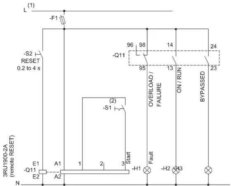 L (1) -F1 -S2 RESET 0.2 to 4 s -Q11 96 98 14 95 13 ON/RUN BYPASSED (2) -S1 Start OVERLOAD / FAILURE Fault -E1 A1 1 2 3 -H1 -H2 H3 -E2 A2 3RU1900-2A (remote RESET) N
