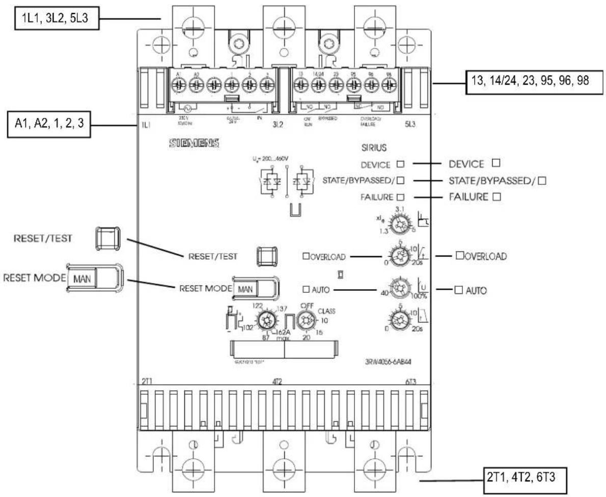 1L1, 3L2, 5L3 A1, A2, 1, 2, 3 1L1 3LV SWON 2V 3L2 ON RUN BYPASSED OVERLOAD FAILURE 5L3 SIEMENS SIRIUS DEVICE □ STATE/BYPASSED/□ FAILURE □ x1# 1.3 3.1 10 20s OVERLOAD AUTO RESET/TEST RESET/TEST RESET MODE MAN RESET MODE MAN 122 137 OFF CLASS 10 15 102 87 162A 20 SA1919 TST* 3RW4056-6AB44 2T1 4T2 6T3 13, 14/24, 23, 95, 96, 98 2T1, 4T2, 6T3