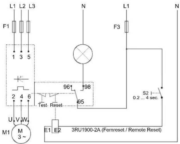 L1 L2 L3 F1 1 3 5 2 4 6 U V W M1 M 3~ N L1 F3 96 98 Test. Reset 95 E1 E2 3RU1900-2A (Fernreset / Remote Reset) S2 0.2 ... 4 sec. N